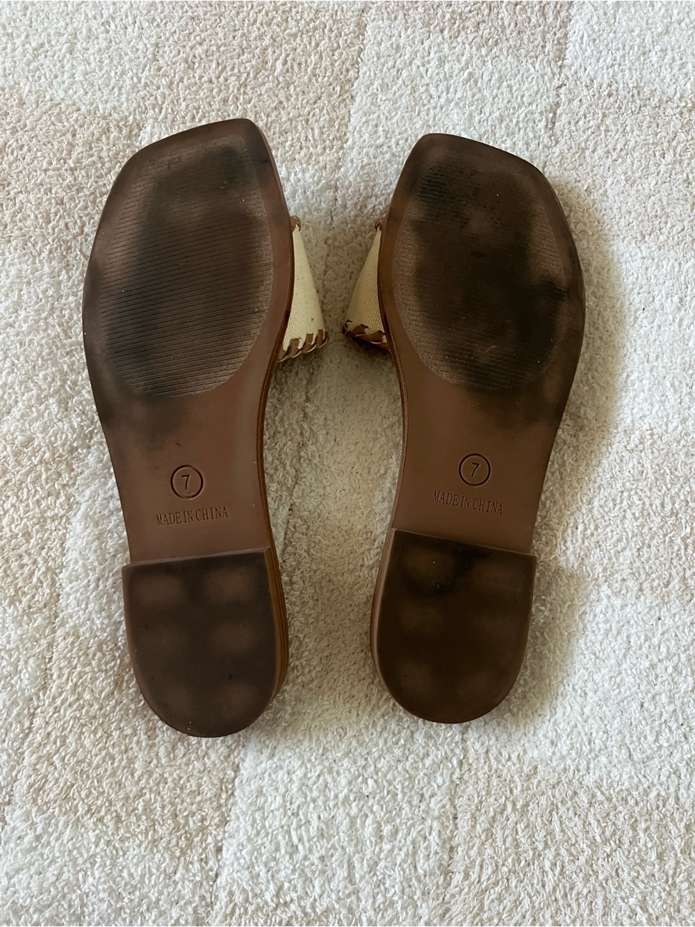 Steve Madden Tan Leather & Cream Canvas Slide Sandals - Picture 4 of 4